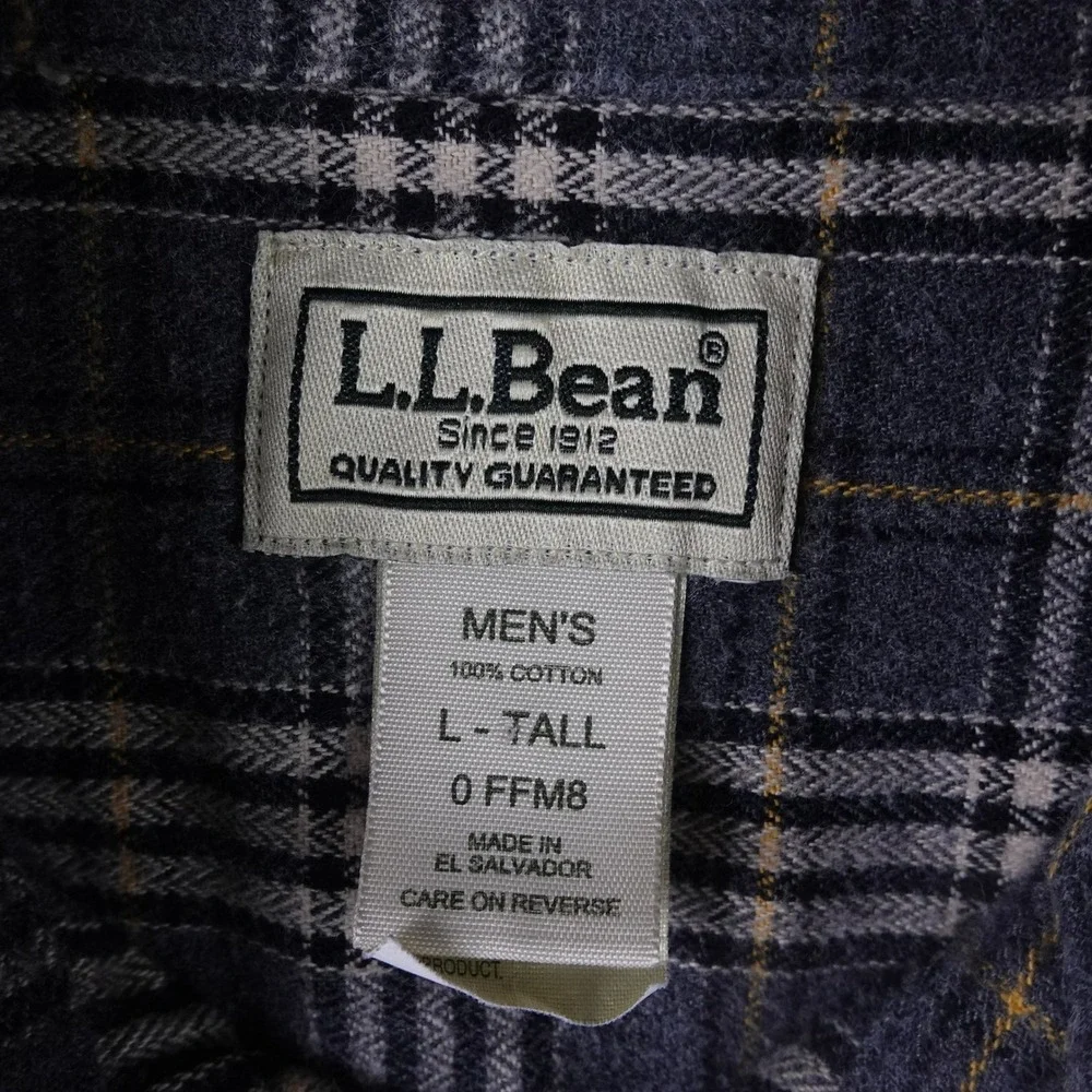 LL Bean Mens Large Tall Flannel Shirt Grey Plaid Cotton Button Down Outdoor Soft